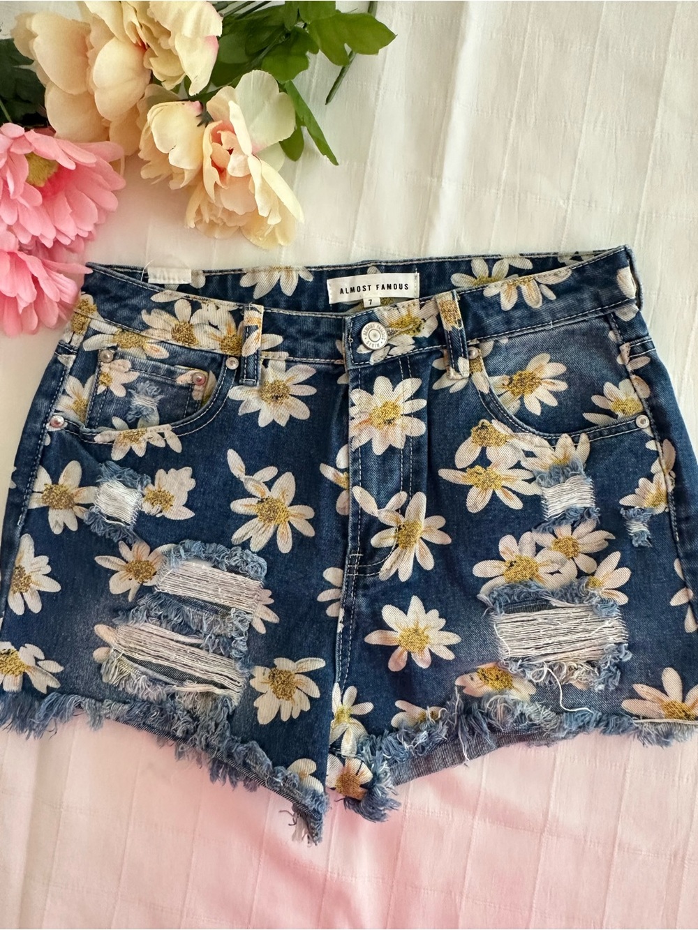 Almost Famous Navy Daisy Print Distressed Denim Shorts